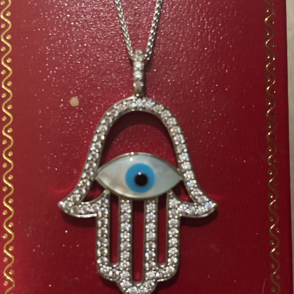 14K white gold Evil Eye pendant necklace mother of pearl